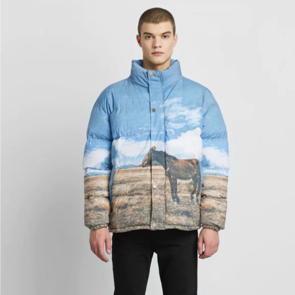 Scenic Horse Blue Puffer Jacket